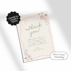 Modello di biglietto di ringraziamento, floreale disegnato a mano, nastro, scritto a mano, festa in giardino, matrimonio, illustrazione scarabocchiata, stravagante, modificabile / 91