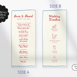 May include: A wedding program template with a blue and red color scheme. The left side lists the names of the wedding party members. The right side lists the wedding timeline with icons for each event.