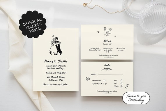 Illustrated Wedding Suite Template, Hand Drawn, Cute People Scribble Illustration, Whimsical Handwritten | 87