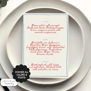 Bewerkbare handgeschilderde menusjabloon, kleurrijk handgeschreven menu, handgetekende bruiloft briefpapier, Instant Download | 06