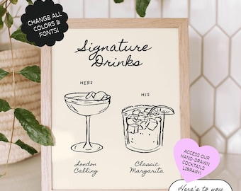 Szablon znaku na napoje z podpisem, ręcznie rysowane koktajle, oryginalny znak baru, ręcznie pisane, ilustrowane bazgrołami fantazyjne menu weselne, bar | 89