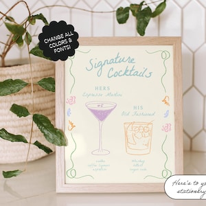 Plantilla de letrero de bebidas exclusivas, cócteles dibujados a mano, menú de bar peculiar, menú caprichoso ilustrado y escrito a mano, fiesta en el jardín, floral / 37