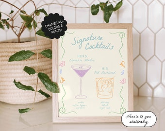 Plantilla de letrero de bebidas exclusivas, cócteles dibujados a mano, menú de bar peculiar, menú caprichoso ilustrado y escrito a mano, fiesta en el jardín, floral / 37