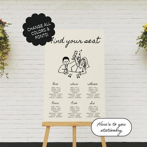Sitzplan Schild Vorlage, Hochzeit Willkommensschild, Dinner Party, schrullig, handgezeichnet, Kritzel Illustration, niedliche Menschen Doodles | Nr. 87