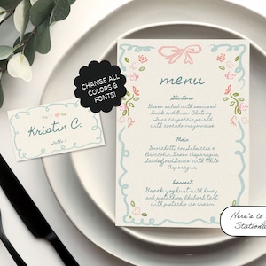 Plantilla de menú + tarjeta de nombre editable, dibujada a mano, con borde floral colorido, para fiesta en el jardín, escrita a mano, papelería de boda editable / 08