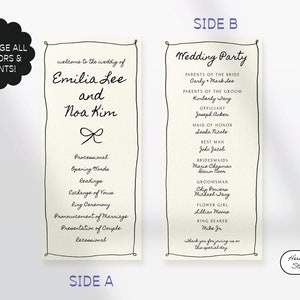 May include: Wedding ceremony program with a black and white design. The front side features the names "Emilia Lee" and "Noa Kim" with a bow. The back side lists the wedding party, including the parents of the bride and groom, officiant, maid of honor, best man, bridesmaids, groomsman, flower girl, and ring bearer.