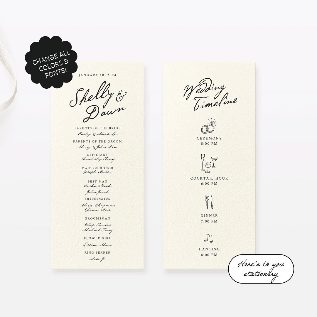 Wedding Ceremony Program Template, Hand Drawn Illustrations ...
