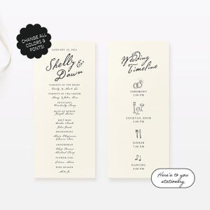 以下が含まれることがあります： 2つのクリーム色の結婚式のタイムラインカード。左側のカードには結婚式のパーティーの名前がリストされ、右側のカードには、セレモニー、カクテルアワー、ディナー、ダンスの時間が記載されています。カードには黒いテキストと装飾的なフォントが使用されています。