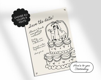 Save The Date Template, Hand drawn, Scribble Illustrations, People Drawing, Handwritten Fonts, Whimsical, Retro Cake, Cute Couple | 80