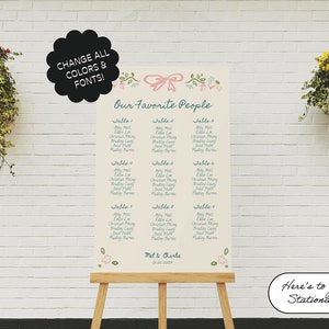 Stoelkaartsjabloon, bord evenement, handgetekend, handgeschreven lettertypen, bloemen, tuinfeest, grillig, krabbelillustratie, bewerkbaar | 08