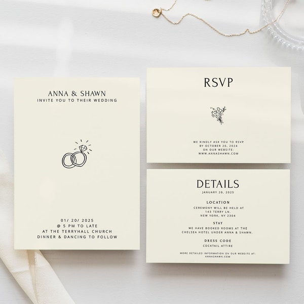 Modern Minimalist Wedding Invitation Set Template, RSVP, Details Card, Hand Drawn Illustrations, Fully Editable, Wedding Invite Suite | 54