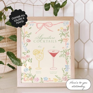 Plantilla de cartel de bebidas de autor, cartel de bar, cócteles personalizados, dibujado a mano, ilustraciones originales, fiesta en el jardín, menú de bebidas florales / 91