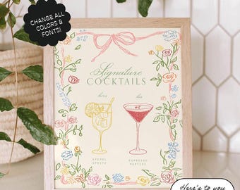 Plantilla de cartel de bebidas de autor, cartel de bar, cócteles personalizados, dibujado a mano, ilustraciones originales, fiesta en el jardín, menú de bebidas florales / 91