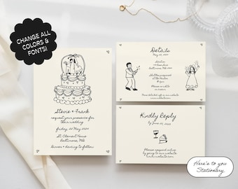 Wedding Invitation Suite Template, Hand drawn, Scribble Illustrations, People Drawing, Handwritten Fonts, Whimsical, Cake, Cute Couple | 80