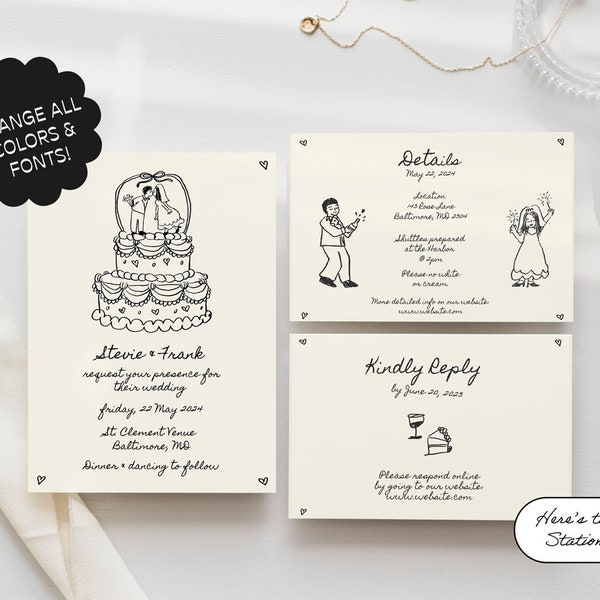 Wedding Invitation Suite Template, Hand drawn, Scribble Illustrations, People Drawing, Handwritten Fonts, Whimsical, Cake, Cute Couple | 80