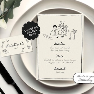 Plantilla de menú + tarjeta de lugar, lindas ilustraciones de garabatos de personas, menú dibujado a mano, tarjetas de nombre de mesa escritas a mano, configuraciones de lugar modernas / 87