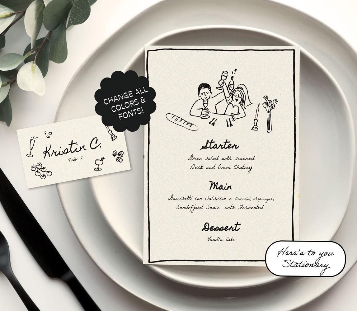 Menu + Place Card Template, Cute People Scribble Illustrations, Hand ...
