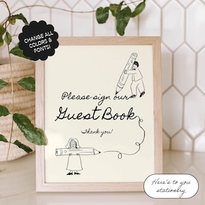 May include: A printable sign with a black and white illustration of two people holding pencils. The sign says "Please sign our Guest Book" and "Thank you!"