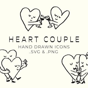 May include: Hand-drawn black and white illustrations of heart-shaped characters. The image includes hearts toasting with wine glasses, hugging, and holding drinks. Text reads "HEART COUPLE HAND DRAWN ICONS .SVG & .PNG."