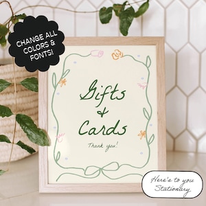 Modelo de placa para cartões e presentes, rabisco desenhado à mão, sinalização para mesa de presentes, placa para evento escrita à mão, caprichosa, fita, festa no jardim, floral | 37