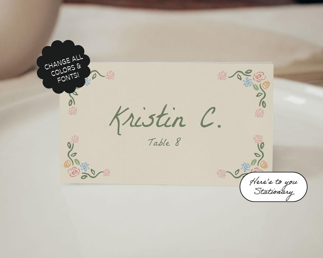 Whimsical Wedding Name Card Template, Floral Place Card, Garden Party