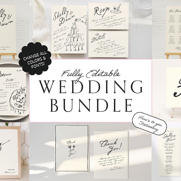 WEDDING BUNDLE printable templates, Hand drawn Handwritten Whimsical Illustration Wedding Stationery, Champagne Tower, French Style | 13