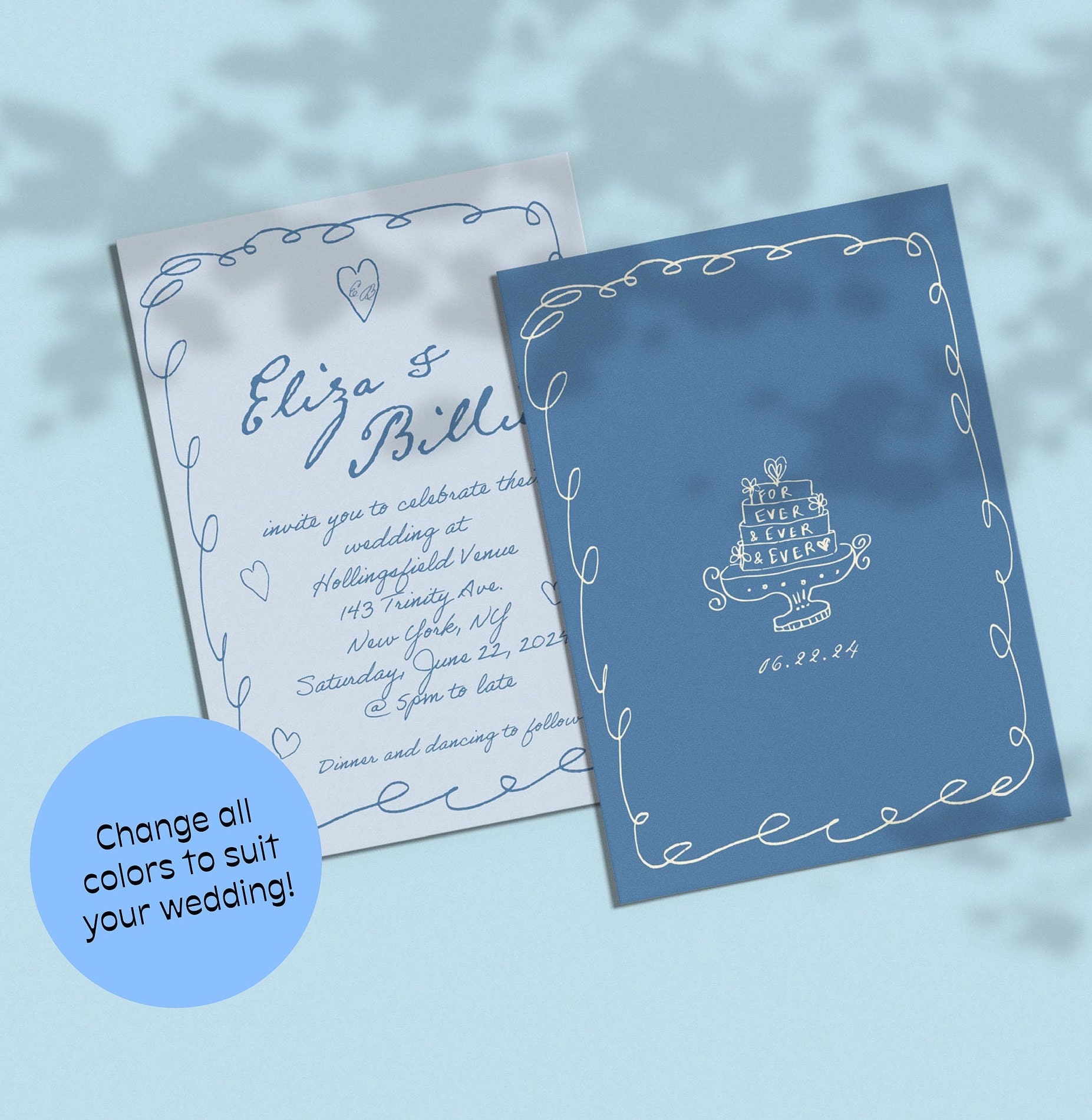 Whimsical Wedding Invitation Template, Save the Date, Handwritten, Colorful, French Style, Hand Drawn, Doodle, Double Sided | 50