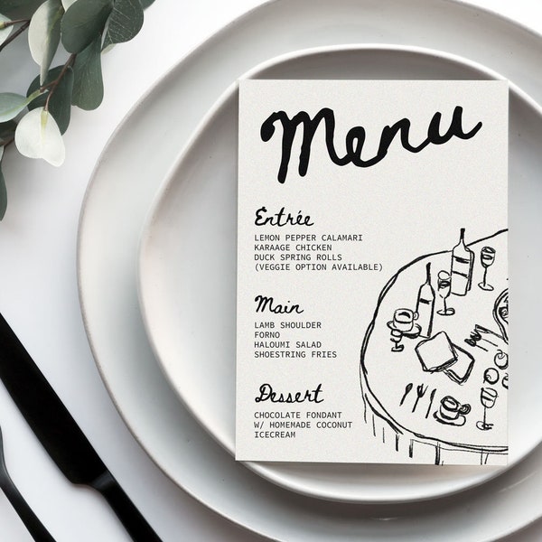 Editable Hand Drawn Menu or Dinner Invite, Scribble Illustration, Dinner Table, Doodle Illustration, Digital download, Editable | 20