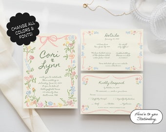 Wedding Invitation Suite Template, Hand Drawn, Scribble Illustrations, Handwritten, Whimsical, Funky, Garden Party, Quirky, Colorful | 91