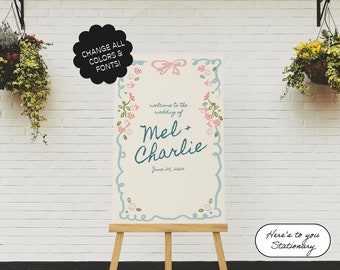 Welcome Sign Template,Event Sign, Hand Drawn, Handwritten Fonts, Florals, Garden Party, Whimsical, Rehearsal Dinner Sign, Editable | 08