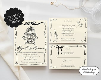 Wedding Invite Suite Template, Hand drawn, Scribble Illustrations, Ribbon Bow, Handwritten Fonts, Whimsical, Cake, Candles, Cocktails | 82