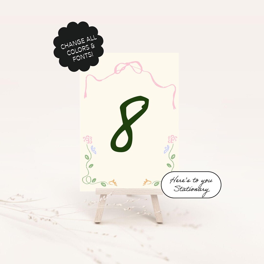 Table Numbers With Ribbon Floral Table Number Template, Hand Drawn Table Placement, Ribbon ...