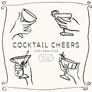 Ilustração de coquetel Cheers Doodle Bundle, Mãos aplaudindo, Clip Art SVG PNG, Pacote de ícones, Desenhado à mão, Caprichoso, Ícones de coquetel