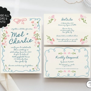 Floral Wedding Invitation Suite Template, Hand drawn, Ribbon, Hand Painted, Handwritten Fonts, Garden Party Invite, Editable  | 08