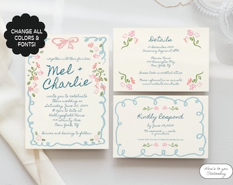 Floral Wedding Invitation Suite Template, Hand drawn, Ribbon, Hand Painted, Handwritten Fonts, Garden Party Invite, Editable  | 08
