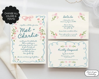 Floral Wedding Invitation Suite Template, Hand drawn, Bow Illustration, Hand Painted, Garden Party Invite, Whimsical Invite  | 08