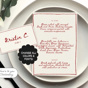 Plantilla de menú y tarjeta de nombre editables, pintadas a mano, coloridas, dibujadas a mano, papelería de boda editable, tarjetas de lugar escritas a mano / 06