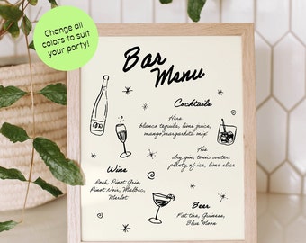 Whimsical Bar Menu Template, Hand Drawn, Signature Drinks Sign Template Handwritten Menu, Colorful Party Menu, Editable | 56