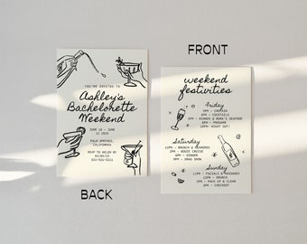 Party Invitation Template, Bachelorette Party, Engagement Party, Itinerary, Hand Drawn, Cocktail Glasses, Olives, Quirky | 40