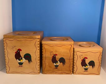 vintage Hollywood wear 3 pc rooster wood canister set.