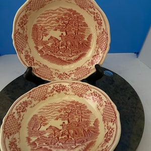 Royal Venton Wear antique two bowls. Red hunting scene. 7 3/4” wide and  1 1/2” deep. John Steventon & sons.  Burslem England.  Soup bowls.