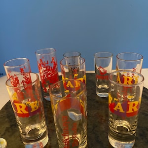 Stolichnaya The vodka glasses. 7 vodka glasses and 2 tequila glasses.