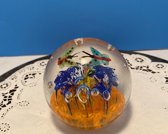 Art glass paperweight with butterflies and flowers