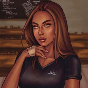 May include: Digital illustration of a woman with long brown hair and golden eyes. She wears a black V-neck shirt with the word "DOVE" printed on it. A white bandage wraps her left wrist. The background includes a chalkboard with text.
