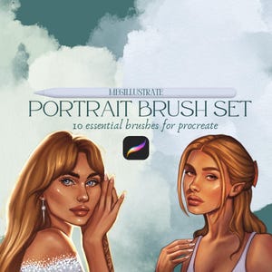 Op de afbeelding: Een digitale illustratie van twee vrouwen met lang haar. De afbeelding is een promotiegrafiek voor een set van 10 portretpenseelen voor Procreate, genaamd "Portrait Brush Set" door "Megillustrate".