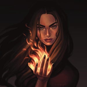 May include: Digital art of a woman with long brown hair and dark eyes, holding a flame in her hand. The artwork features a dark background with warm tones, highlighting the fire and the woman's face. Her nails are painted black.