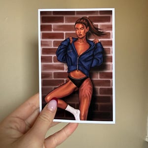 May include: Illustration of a person in a blue jacket and black underwear, with a brick wall background. The person is wearing a white sock and has their hair in a ponytail. The artwork has a realistic style.