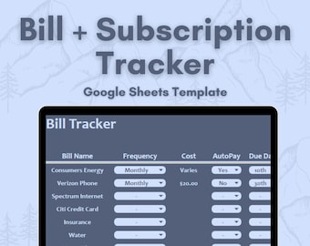 Puede incluir: Una captura de pantalla de una plantilla de Google Sheets para realizar un seguimiento de las facturas y las suscripciones. La plantilla tiene columnas para el nombre de la factura, la frecuencia, el costo, el pago automático y la fecha de vencimiento. La plantilla está diseñada para ayudar a los usuarios a realizar un seguimiento de sus gastos mensuales.