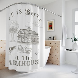 Life is better at the Farmhouse shower curtain, Sheep, Cow, Chicken, Black and white shower curtain, Fun bathroom decor for your farm