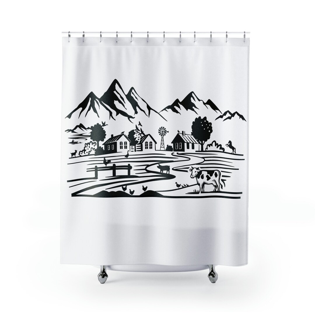 Black and White Farmhouse Shower Curtain, Sheep, Cow, Chicken, Fun